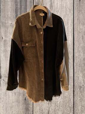 POL Clothing Patchwork Colorblock Corduroy Shacket with Raw Hem and Star Patch